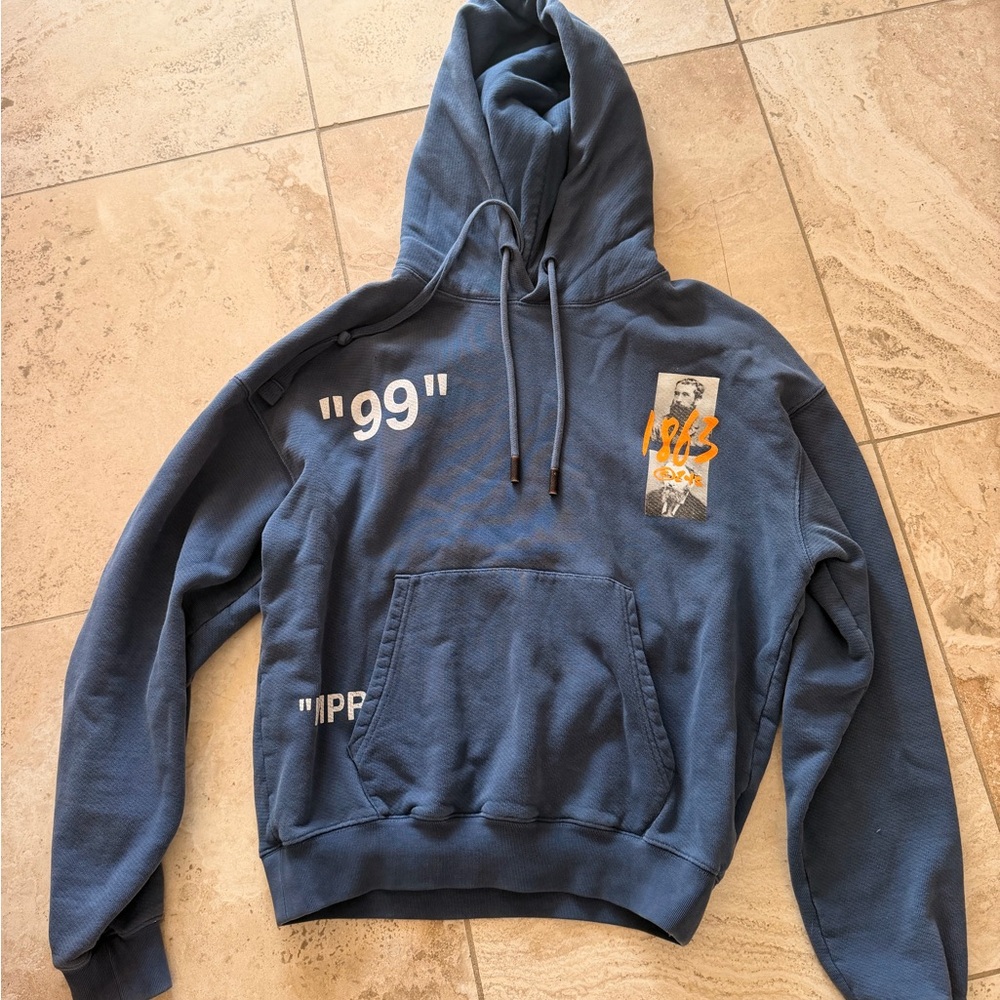Off White Blue Graphic Hooded Sweatshirt